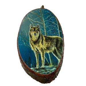 Vintage Wood Slab Foil Art Lone Night Wolf Wall Hanging Cabin Cottage Rustic